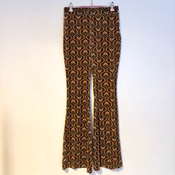 Urban Outfitters Pants - Urban Outfitters Retro Velour Ribbed High Waist Flare Pants Brown Floral Size XS